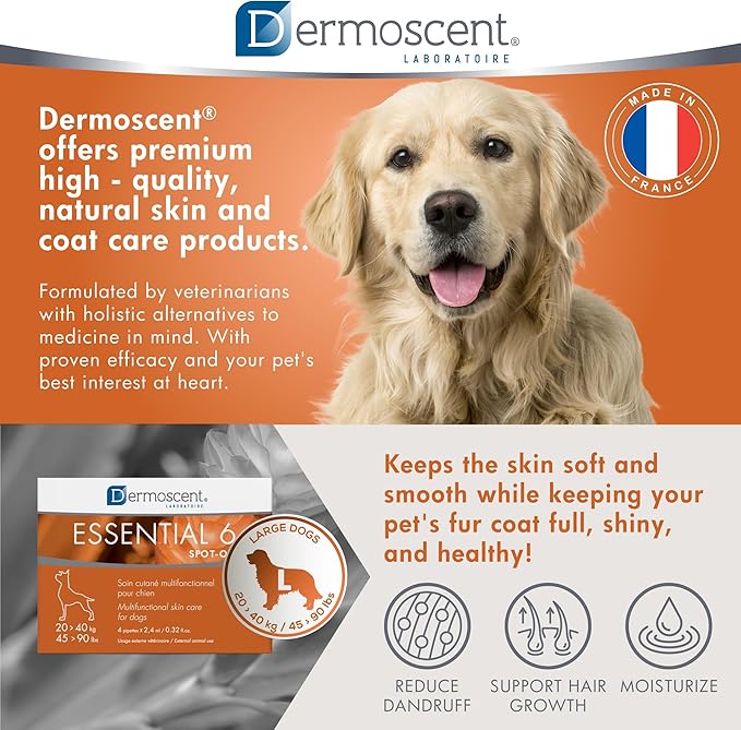 Dermoscent Essential 6 spot-on - Dog Skin Care for Dandruff & Allergy Relief with Vitamin E Oil - Anti Itch for Dogs - Natural Ingredients for Sensitive Skin - Dogs 20-40 kg - 4 Pipettes of 2.4 ml Dermoscent