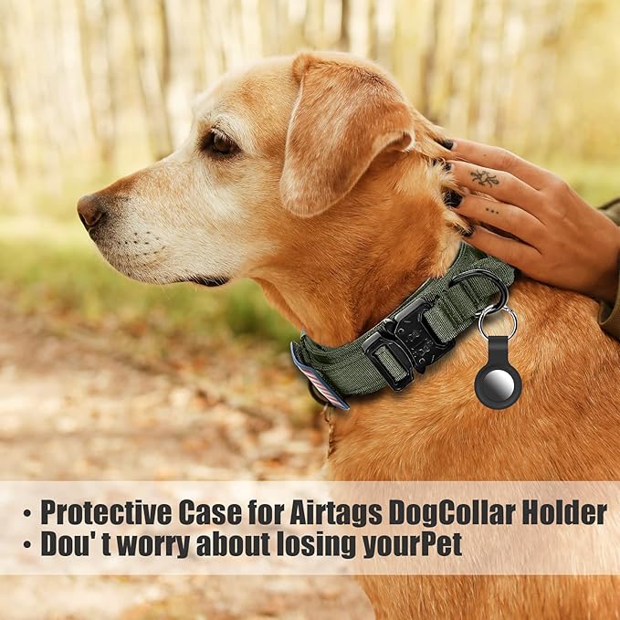 Tactical Dog Collar and Bungee Leash, Camo Military Dog Collar & Leash Set with USA American Flag Adjustable K9 Collar with Heavy Duty Metal Buckle & Handle,with Patches and Airtags Case (M, Green) Celifelight