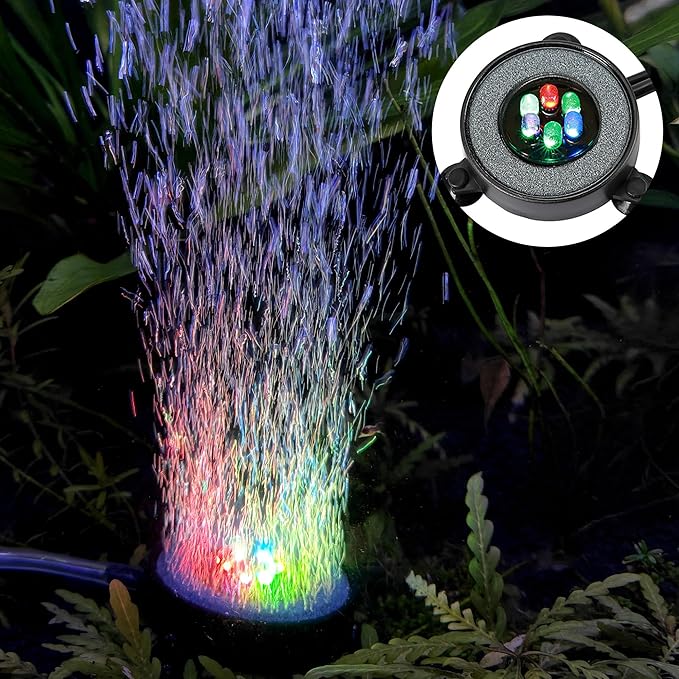 NICREW Multi-Colored LED Aquarium Bubbling Stone Disk, Round Fish Tank Bubbler with Auto Color Changing LEDs NICREW