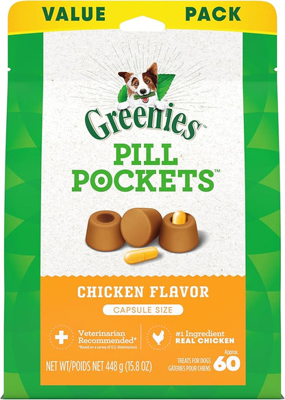 Greenies Pill Pockets for Dogs Capsule Size Natural Soft Dog Treats Chicken Flavor, 15.8 oz. Pack (60 Treats) - PAWPICO