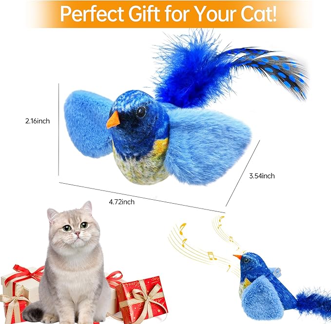 Chirping Bird Cat Toys Hanging Cat Feather Toy - Catnip Interactive Cat Toys for Indoor Cats - Automatic Cat Toy for Cat Exercise & Kicker to Self Play (Blue) - PAWPICO