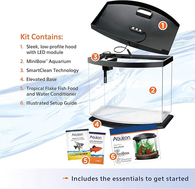 Aqueon LED MiniBow Small Aquarium Fish Tank Kit with SmartClean Technology, Black, 5 Gallon Aqueon