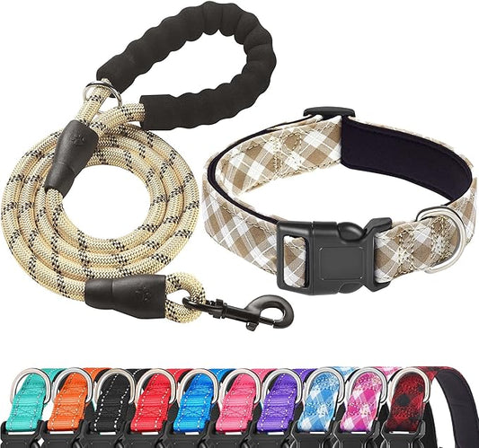 Reflective Dog Collar Padded with Soft Neoprene Breathable Adjustable Nylon Dog Collars for Small Medium Large Dogs (Small (Pack of 1), Vanilla Plaid Collar+Leash) ladoogo