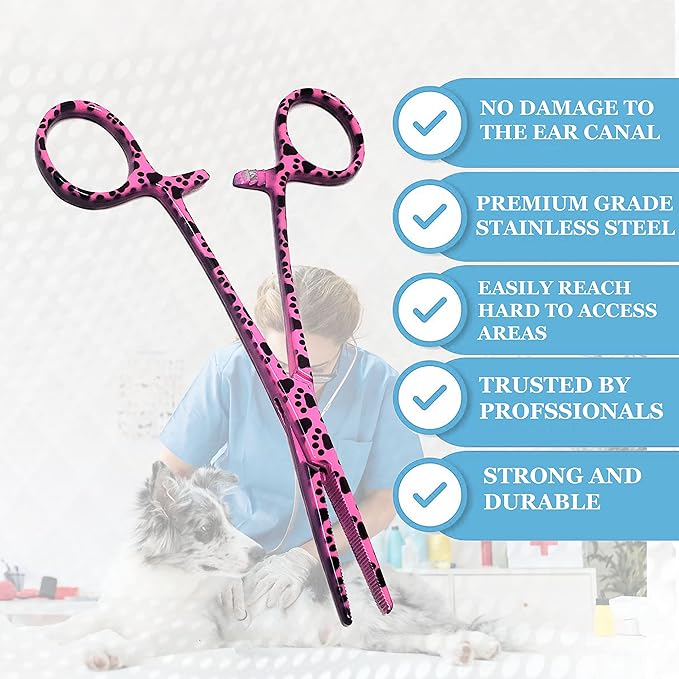 Dog Pet Ear/Nose Hair Puller Grooming Hemostat Locking Forceps Pliers, 5.5" (14cm), Straight (Pink Paws) A2Z+SCILAB