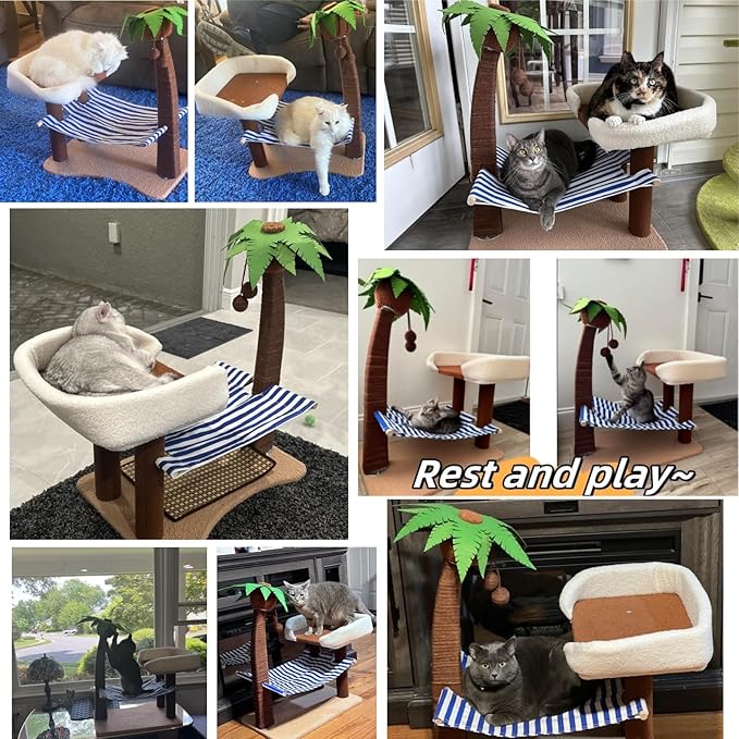 Cat Scratch Post with Hammock,29.5 Inches Tall Cat Scratcher with Cat Bed for Indoor Cats,Sisal Rope Cat Tree Scratching Post Tall with Hanging Ball for Small Cat Kitten - PAWPICO