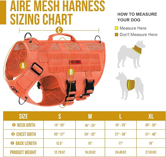 OneTigris Mesh Design Tactical No Pull Dog Harness for Large Dog, Breathable Service Dog Vest Harness with Handle, Military Dog Harness with Molle Panels for Walking Hiking Training (Orange, X-Large) OneTigris