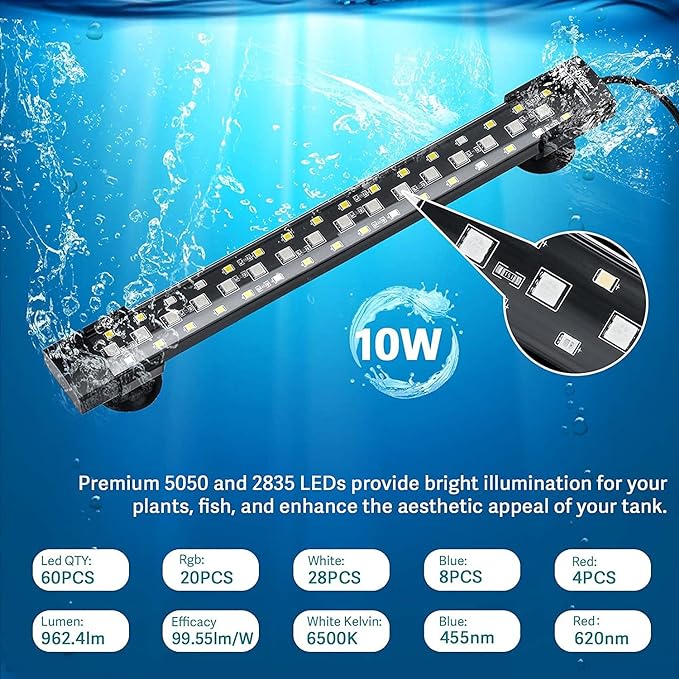 hygger 24/7 Mode Submersible Aquarium LED Light, Full Spectrum Hidden Fish Tank Light with 3 Rows Beads 7 Colors Auto On Off Sunrise-Daylight-Moonlight, Adjustable Timer Brightness 10W hygger