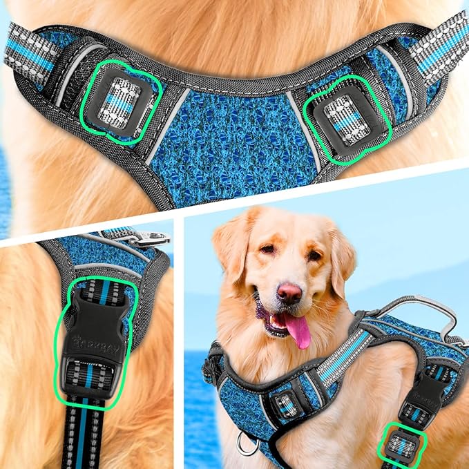 BARKBAY No Pull Dog Harness Large Reflective Dog Harness with Front Clip and Easy Control Handle for Walking Training Running with ID tag Pocket(Blue/Black,S) BARKBAY