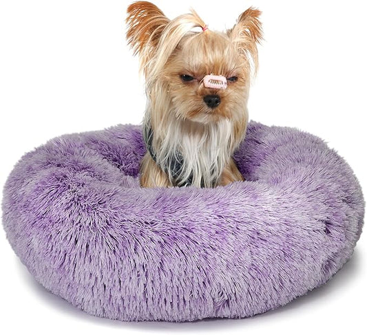 Purple and White Cat Bed for Indoor Cats Washable 15 inches Donut Soft Small Pet Bed,Calming Anti Anxiety Round Fits up to 5 lbs Warm Comfort Kitten Bed Indoor - PAWPICO