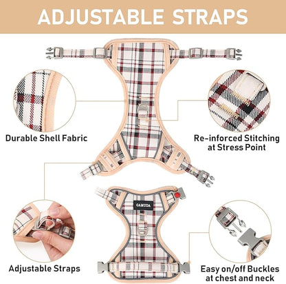 GAMUDA Dog Harness Collar and Leash Set, Dog Harness, No Chock No Pull Adjustable Vest Harnesses Plaid Reflective for Medium Dog, Cat, Small Horse, Small Bull and Pig (Beige, S) GAMUDACollarsCollection