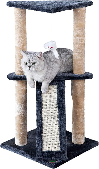 Go Pet Club Everyday Value 35in Corner Cat Tree Kitty Scratcher Tower Kitten Condo House Furniture with Scratching Board & Hanging Toys for Indoor Cats, Gray/Beige - PAWPICO