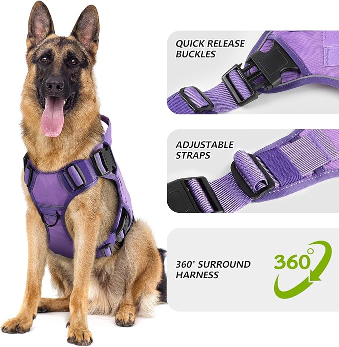 WINGOIN Purple Harness with Handle Tactical Dog Harness Vest for Large Medium Dogs No Pull Adjustable Reflective K9 Military Dog Vest Harnesses for Walking, Hiking, Training(M) - PAWPICO