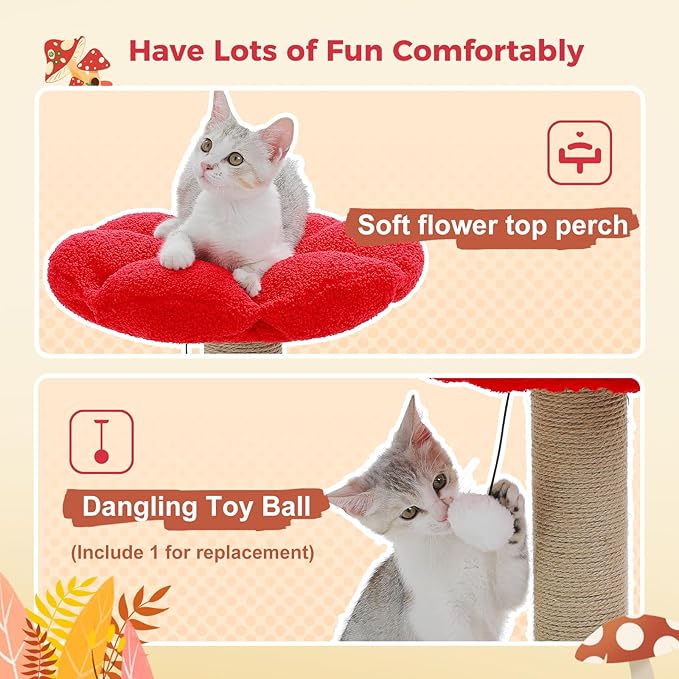 PETEPELA Cat Scratching Post, Mushroom Cat Scratcher Cute Cat Tree Tower with Thick Scratching Post & Removable Flower Cat Bed [Dia=15.7''], Tall Cat Post for Kittens and Indoor Small Cats, Brown - PAWPICO