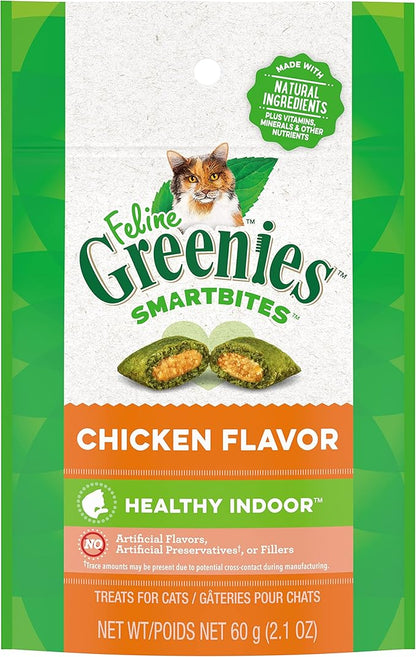 FELINE GREENIES SMARTBITES HEALTHY INDOOR Natural Treats for Cats, Chicken Flavor, 2.1 oz. Pouch GREENIES