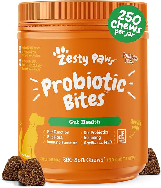 Zesty Paws Probiotics for Dogs - Digestive Enzymes for Gut Flora, Digestive Health, Diarrhea & Bowel Support - Clinically Studied DE111 - Dog Supplement Soft Chew for Pet Immune System - 250 Count ZestyPaws