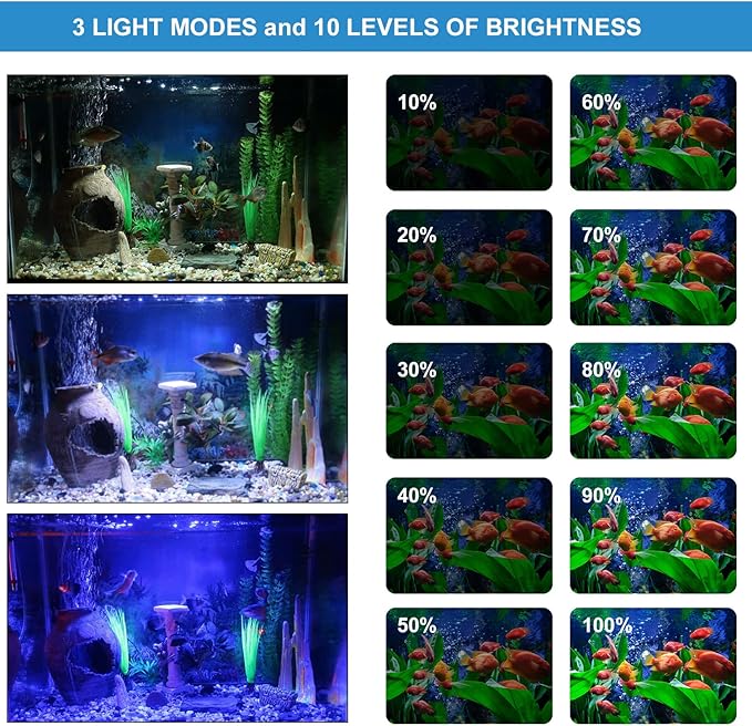 VARMHUS Submersible LED Aquarium Light,Fish Tank Light with Timer Auto On/Off Dimming Function,3 Light Modes Dimmable&4-Color LED,10 Brightness Levels Optional&3 Levels of timed Loop 18LEDS-15'' VARMHUS