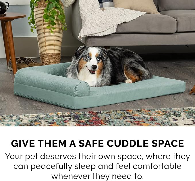 Furhaven Orthopedic Dog Bed for Large Dogs w/ Removable Bolsters & Washable Cover, For Dogs Up to 95 lbs - Pinsonic Quilted Paw L Shaped Chaise - Iceberg Green, Jumbo/XL - PAWPICO