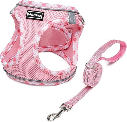 Mercano Soft Mesh Dog Harness and Leash Set, No-Chock Step-in Reflective Breathable Lightweight Easy Walk Escape Proof Vest Harnesses with Safety Buckle for Small Medium Dogs, Cats (Pink, M) PAWPICO