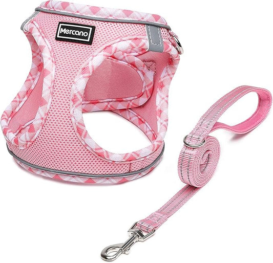 Mercano Soft Mesh Dog Harness and Leash Set, No-Chock Step-in Reflective Breathable Lightweight Easy Walk Escape Proof Vest Harnesses with Safety Buckle for Small Medium Dogs, Cats (Pink, XL) PAWPICO