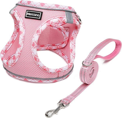 Mercano Soft Mesh Dog Harness and Leash Set, No-Chock Step-in Reflective Breathable Lightweight Easy Walk Escape Proof Vest Harnesses with Safety Buckle for Small Medium Dogs, Cats (Pink, S) PAWPICO