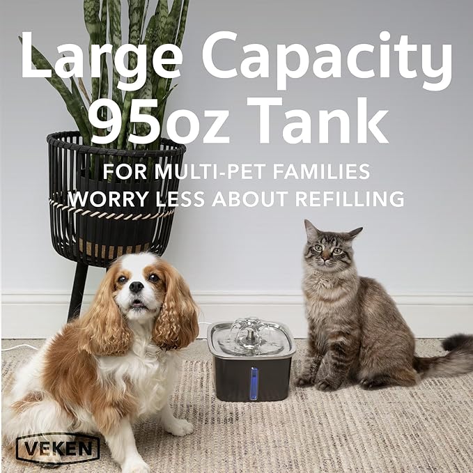 Veken Innovation Award Winner Stainless Steel Cat Water Fountain, 95oz/2.8L Automatic Pet Fountain Dog Water Dispenser with Replacement Filters & Silicone Mat for Cats, Dogs (Space Black) - PAWPICO