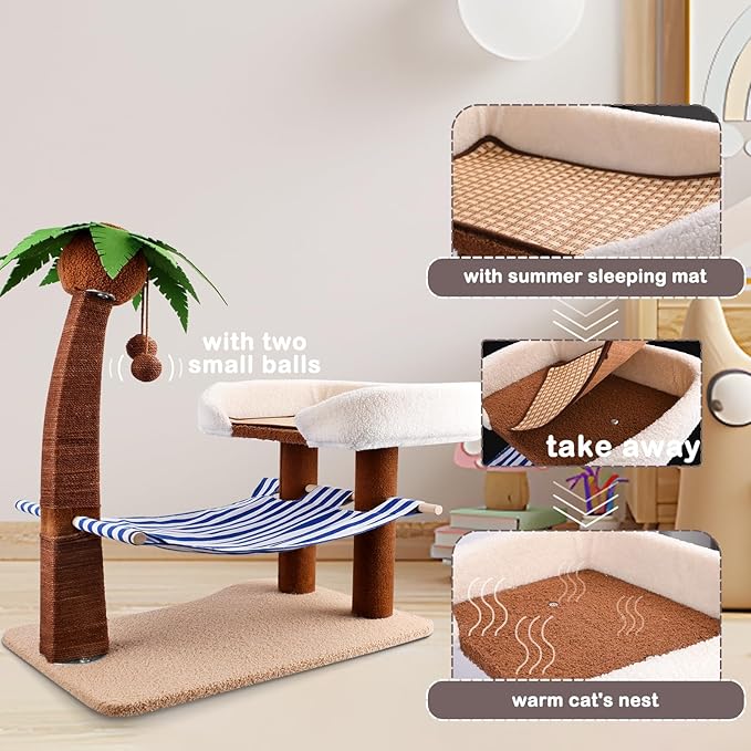 Cat Scratch Post with Hammock,29.5 Inches Tall Cat Scratcher with Cat Bed for Indoor Cats,Sisal Rope Cat Tree Scratching Post Tall with Hanging Ball for Small Cat Kitten - PAWPICO
