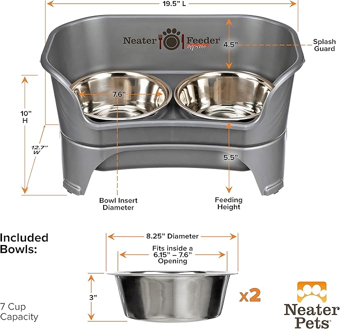 Neater Feeder - Express Model - Mess-Proof Dog Bowls (Medium/Large, Gunmetal Grey) – Made in USA – Elevated, No Spill, Non-Tip, Non-Slip, Raised Stainless Steel Food & Water Pet Bowls - PAWPICO