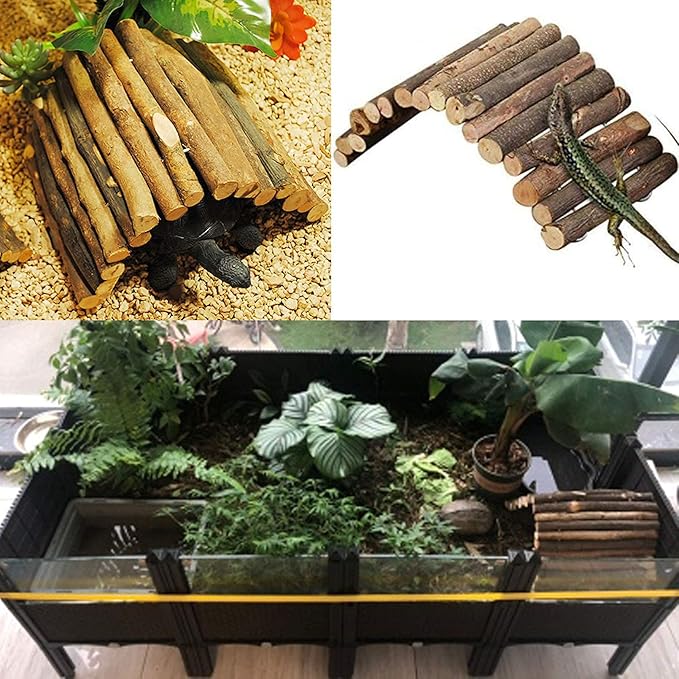 Hamiledyi Wooden Reptile Hideout Bearded Dragon Bendy Bridge Climbing Ladder Hiding Hut Reptiles Hide Cave Habitat Decor for Lizards Gecko Spiders Snakes Tortoise(M:11.8" x 6.7") Hamiledyi