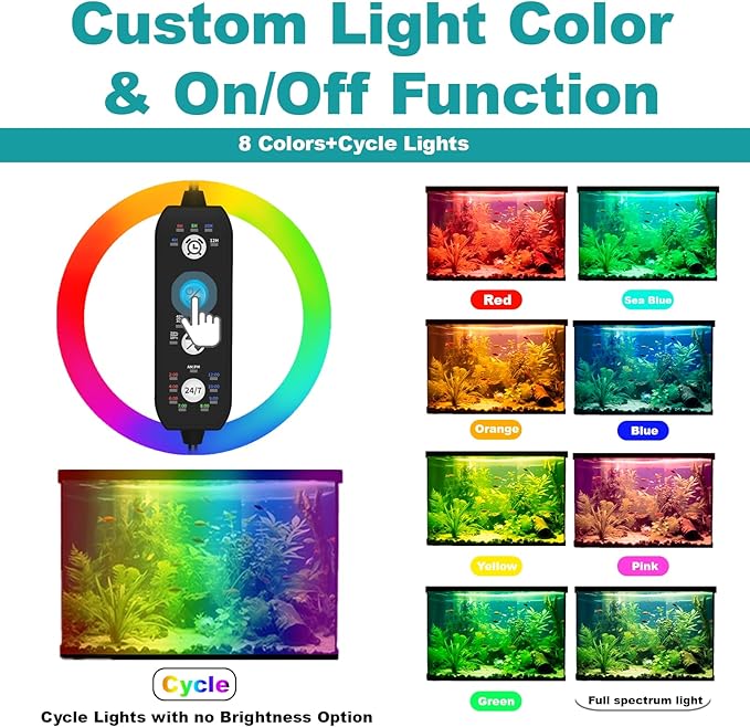 Submersible Aquarium Light for Fish Tank, 24/7 Cycle Fish Tank Light with Timer, Full Spectrum+7 Single Colors, Auto On/Off, Adjustable Brightness (15 Inch for 16-27inch Tank) SEAOURA