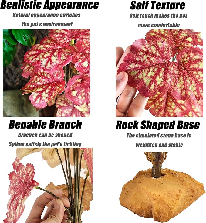 Woyrise Reptile Artificial Plants for Terrarium Decor, Amphibian Habitat Decorations Bearded Dragon Tank Accessories fit Crested Gecko Leopard Lizard Chameleon Snake Frog - Fake Pink Heuchera Woyrise