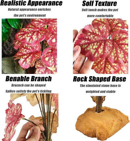 Woyrise Reptile Artificial Plants for Terrarium Decor, Amphibian Habitat Decorations Bearded Dragon Tank Accessories fit Crested Gecko Leopard Lizard Chameleon Snake Frog - Fake Pink Heuchera Woyrise