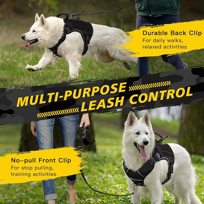 WINGOIN Black Tactical Dog Harness for Large Dogs No Pull Adjustable Reflective Military Pet Harness with Easy Control Handle with Hook & Loop Panels for Walking Hiking Training(XL) WINGOIN