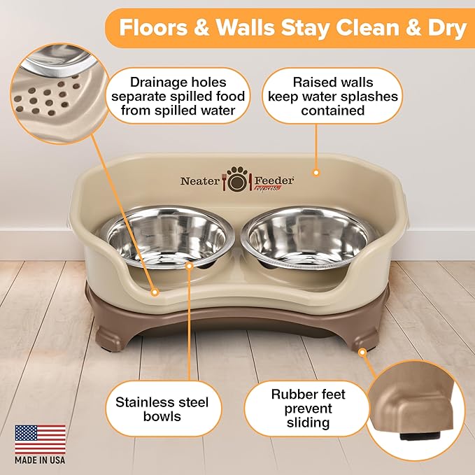 Neater Feeder - Express Model - Mess-Proof Dog Bowls (Small, Cappuccino) – Made in USA – Elevated, No Spill, Non-Tip, Non-Slip, Raised Stainless Steel Food & Water Pet Bowls - PAWPICO