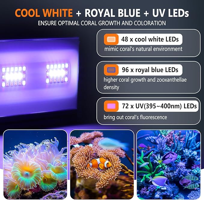 hygger 24/7 Mode Reef Aquarium Light White Blue U-V LEDs with 4 Channels Dimmer Timer Saltwater LED Light for LPS/Soft Coral/Fish Only Tank 24'' 30 Minutes Ramp Up & Down hygger