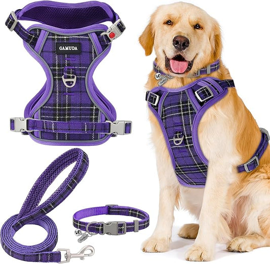 GAMUDA Dog Harness Collar and Leash Set, Dog Harness, No Chock No Pull Adjustable Vest Harnesses Plaid Reflective for Medium Dog, Cat, Small Horse, Small Bull and Pig (Purple, M) GAMUDACollarsCollection