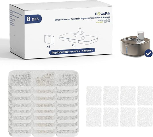 PawsPik® Replacement Filters for PawsPik BOSS-01 Wireless Stainless Steel Battery Operated Water Fountain, 8 Pack Filter & Sponges Set for 4 months of Replacement, 5 Layer Filtration - PAWPICO