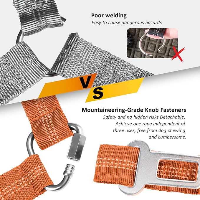 Removable Dog Seat Belt Harness for Car, 3 in 1 Pet Dog Car Seatbelt Leash, Retractable Restraint Secures to Vehicle Headrest & Adjustable Reflective Bungee Dog Seatbelt Tether,Orange - PAWPICO