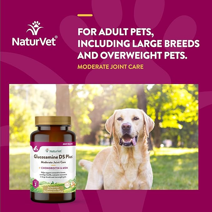 NaturVet Glucosamine DS Plus Level 2 Moderate Care Joint Support Supplement for Dogs and Cats, Chewable Tablets Time Release, Made in The USA, 120 Count NaturVet