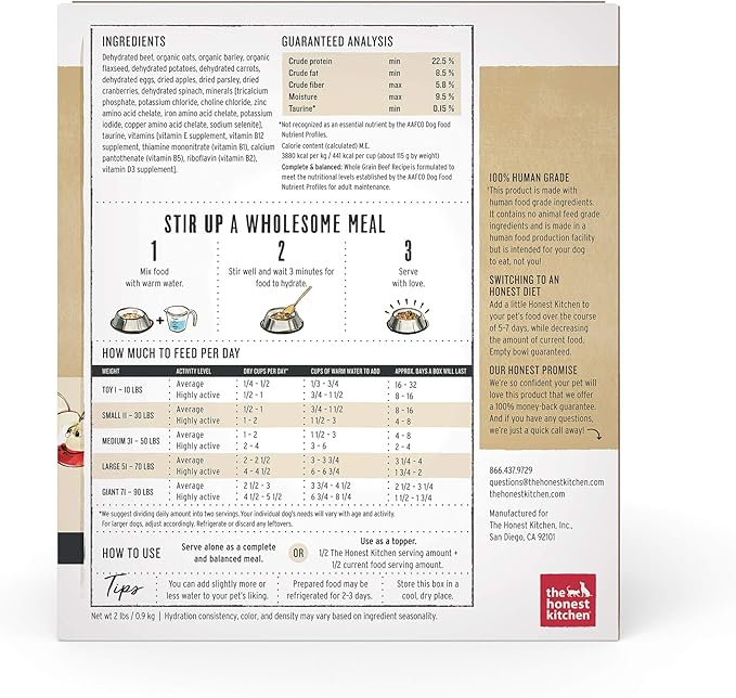 The Honest Kitchen Dehydrated Whole Grain Beef Dog Food, 2 lb Box - PAWPICO