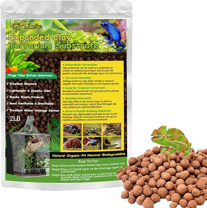 Riare 2LBS Expanded Clay Balls Terrarium Substrate for Reptiles - 100% Organic Lightweight Clay Pebbles Substrate Frogs False Bottom Substrate, Bioactive Terrarium Substrate for Drainage and Moisture Riare