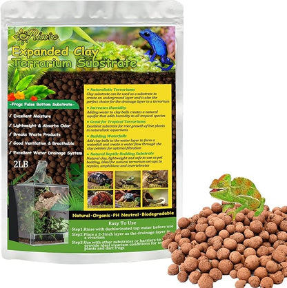 Riare 2LBS Expanded Clay Balls Terrarium Substrate for Reptiles - 100% Organic Lightweight Clay Pebbles Substrate Frogs False Bottom Substrate, Bioactive Terrarium Substrate for Drainage and Moisture Riare