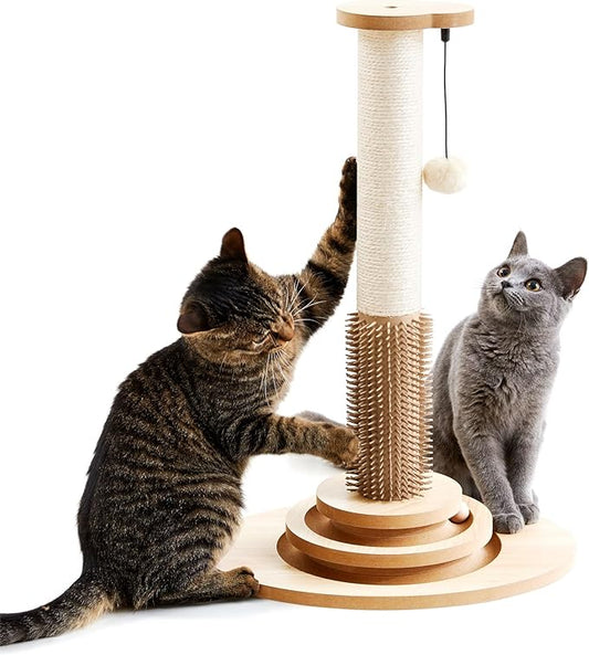 Made4Pets Cat Scratching Post, 23" Tall Sisal Cat Scratcher Post with Cat Self Groomer, 4-in-1 Interactive Trackball Toys with Cat Hair Brush, Vertical Cat Climbing Tree with Dangling Plush Balls - PAWPICO