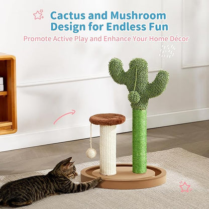 Made4Pets Cat Scratching Post, 21.7" Cactus Kitten Scratcher for Indoor Cats, Mushroom Cute Cat Tree with Sisal Scratch Post, Interactive Game Track Balls with Sturdy Wood Base for Small Kitty - PAWPICO