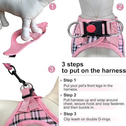 Dog Harness Step-in Breathable Puppy Cat Dog Vest Harnesses for Small Medium Dogs Pink Plaid - PAWPICO