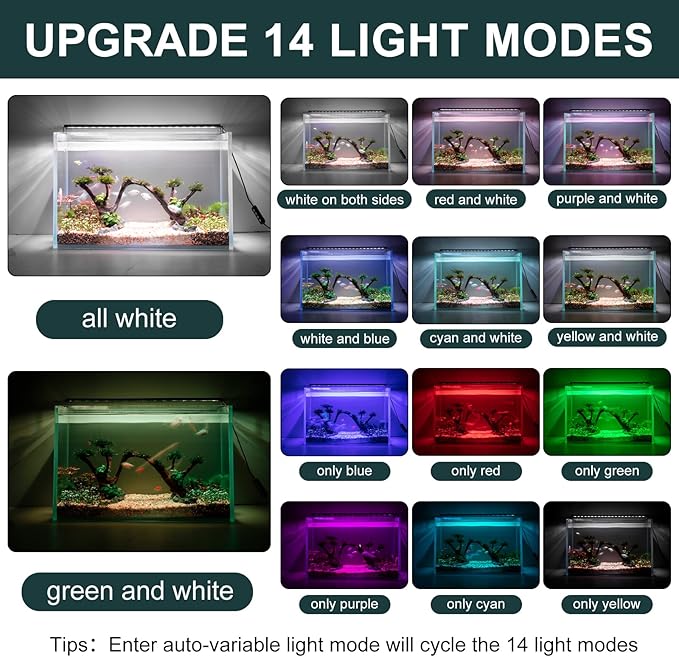 AQQA Aquarium Light with 14 Fish Tank Light Modes Adjustable Brightness Timer 15W LED Aquarium Light for Plants， Aluminum Alloy Shell Extendable Brackets Fit for 12-20 Inch Fish Tank AQQA