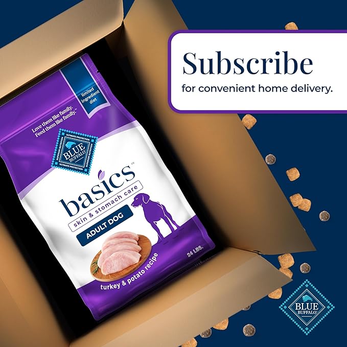 Blue Buffalo Basics Adult Dry Dog Food, Skin & Stomach Care, Limited Ingredient Diet for Dogs, Turkey Recipe, 24-lb. Bag - PAWPICO