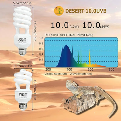 10.0 UVB Reptile Light 26W, Compact Fluorescent Desert Terrarium Lamp, Powerful Coil UVB Bulbs for Reptile Tanks and Terrariums, Ideal for Tortoises, Iguanas and Other Sun-Loving Species HARTOMPET
