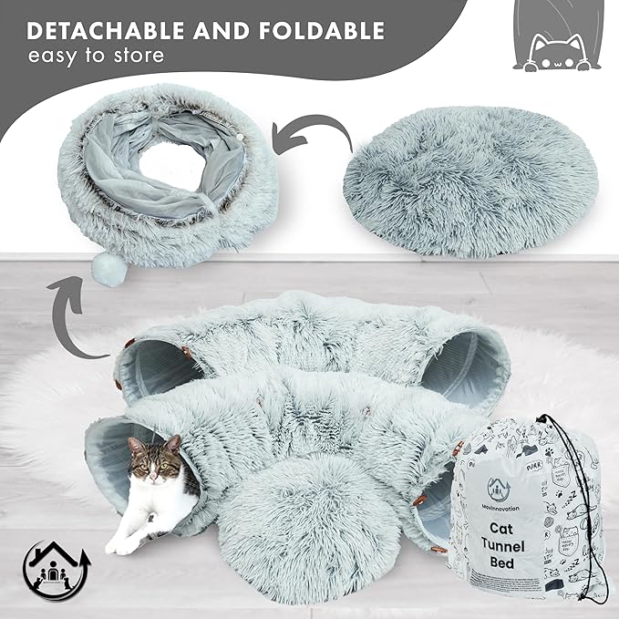 Large Cat Tunnel Bed for Indoor Cats Warm Fluffy Plush Cat Cave Tunnel Bed Collapsible, Washable, 3 Way and Multifunctional with Dangling Balls for Cats, Kittens and Rabbits- Gray - PAWPICO
