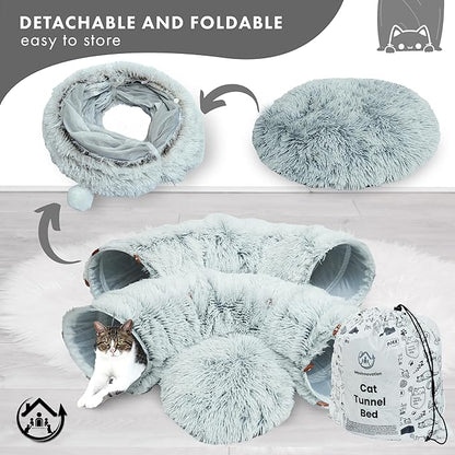 Large Cat Tunnel Bed for Indoor Cats Warm Fluffy Plush Cat Cave Tunnel Bed Collapsible, Washable, 3 Way and Multifunctional with Dangling Balls for Cats, Kittens and Rabbits- Gray - PAWPICO