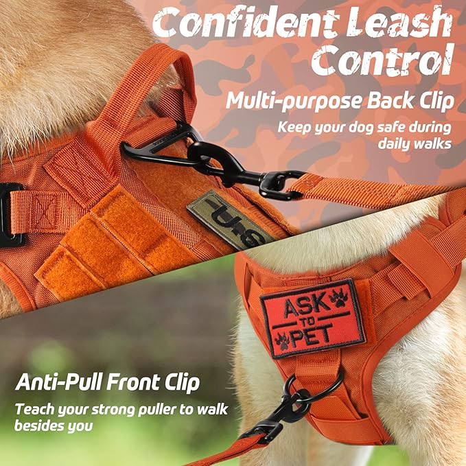 rabbitgoo Tactical Dog Harness for Large, Heavy Duty Pet Harness with Handle, No-Pull Service Vest Large Breed, Adjustable Military Dog Vest for Training Hunting Walking, Orange, XL rabbitgoo